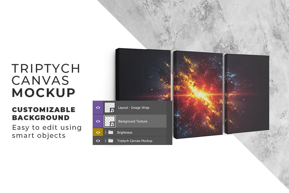 Side Hanging Triptych Canvas Mockup – Ratio 2x3