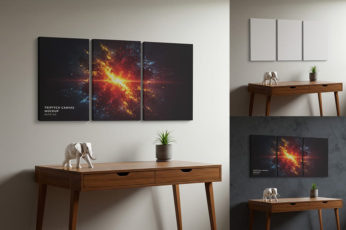 Side Hanging Triptych Canvas Mockup – Ratio 2x3