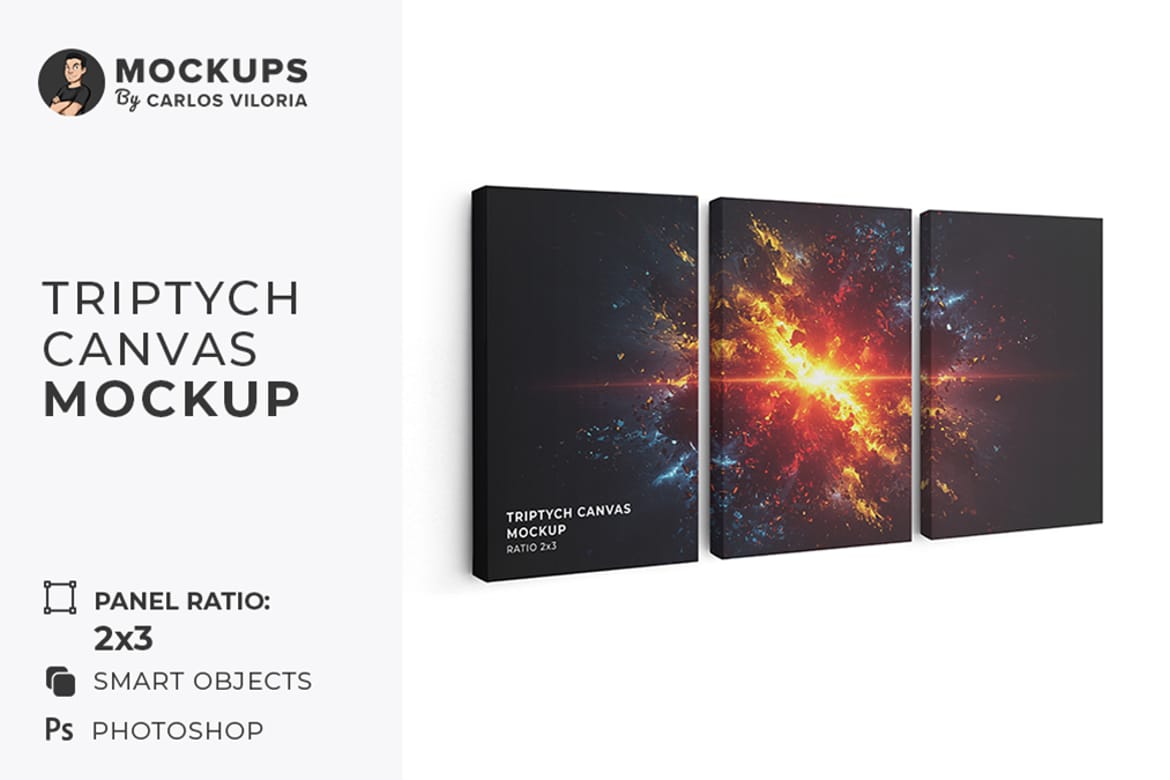 Side Hanging Triptych Canvas Mockup – Ratio 2x3